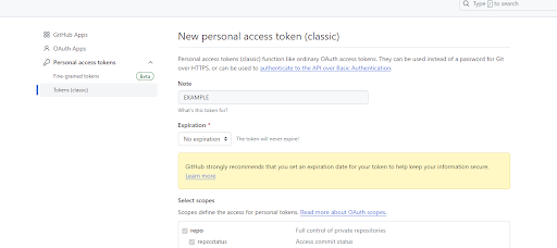 Image of github personal access token creation page.